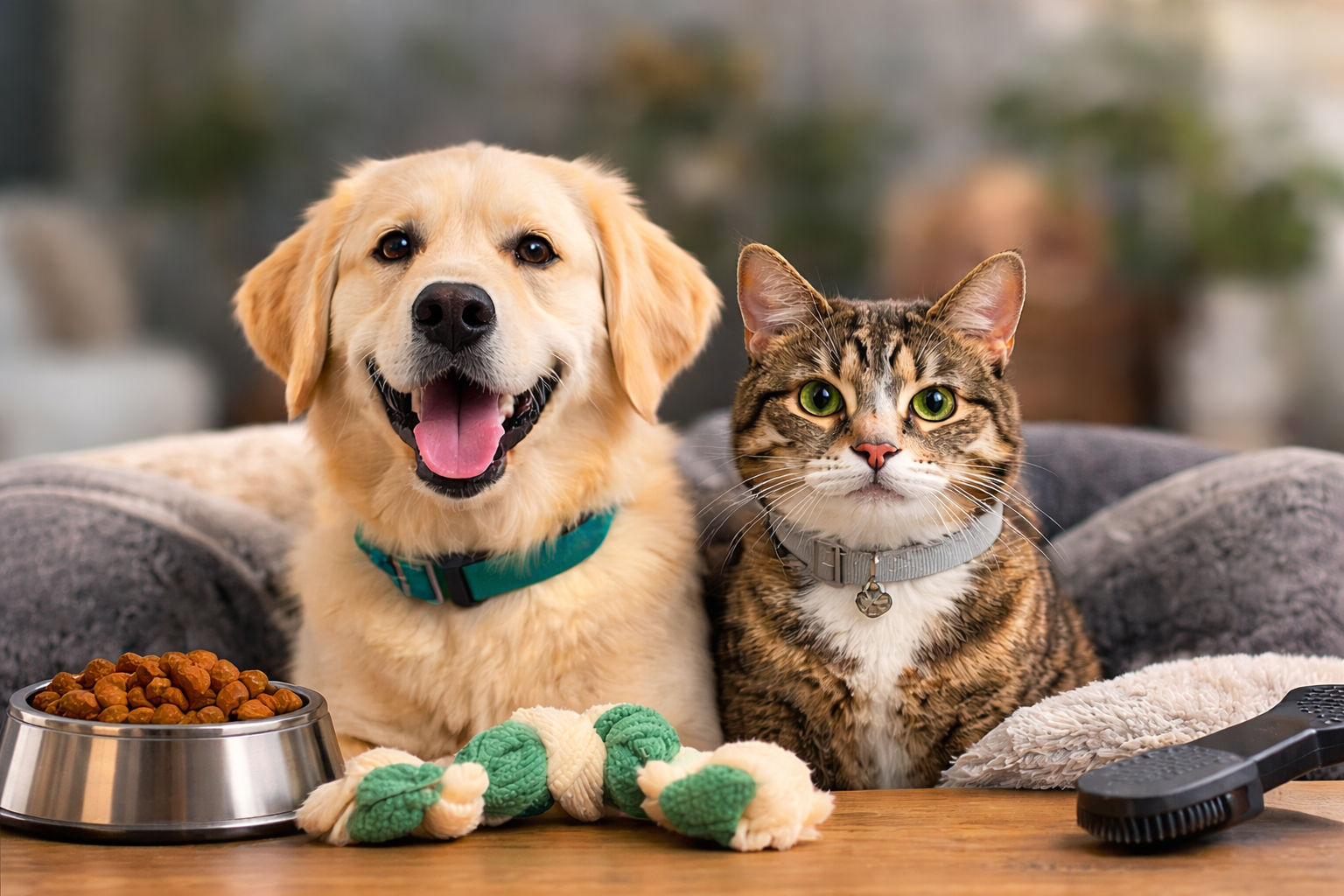 Dog and cat sitting together on a couch with pet toys and food bowl.